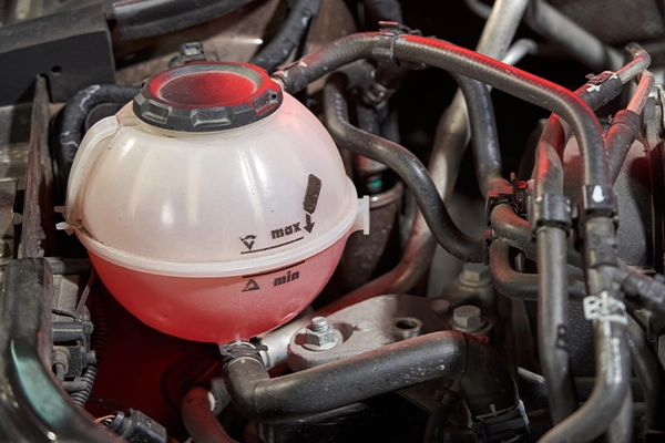 Coolant reservoir with red coolant in engine bay