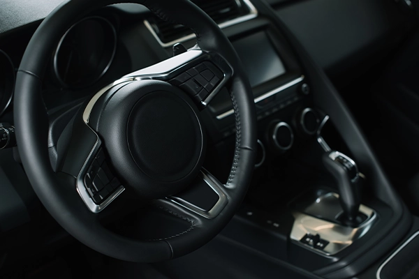 Interior of vehicle showing steering wheel
